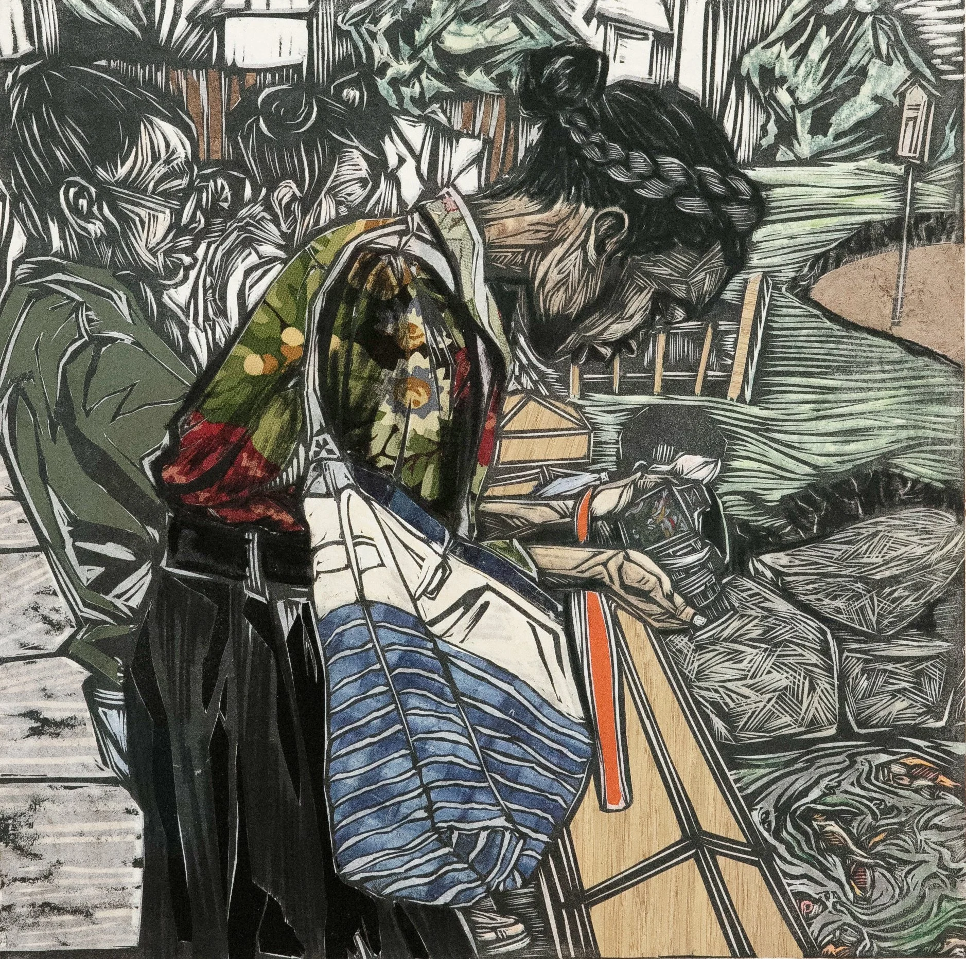 Captured
Woodcut, acrylic, charcoal, textiles, printed on sekishu paper
18" x 18"