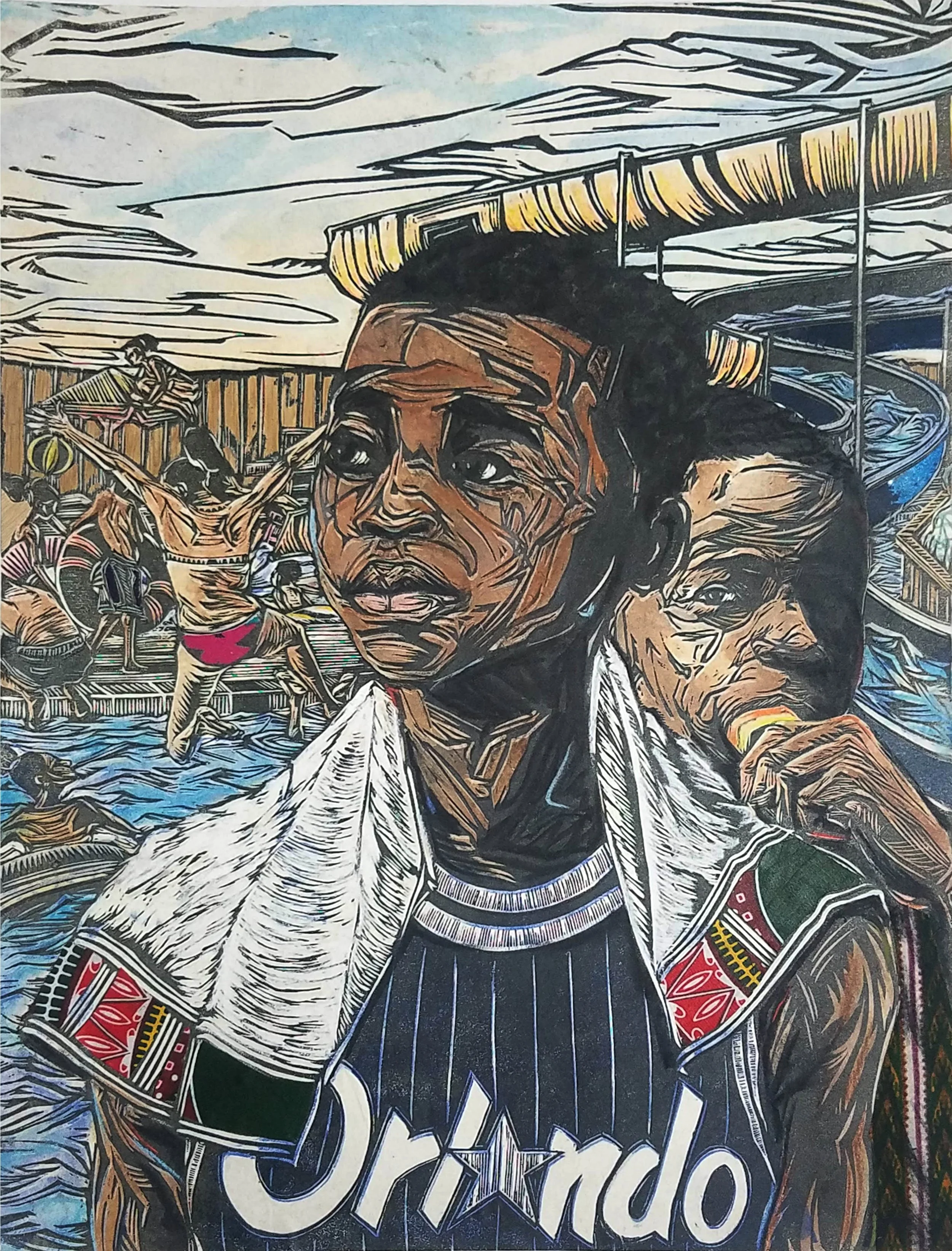 Summer Breeze
Woodcut, acrylic, charcoal, textiles, printed on sekishu paper
16" x 22"