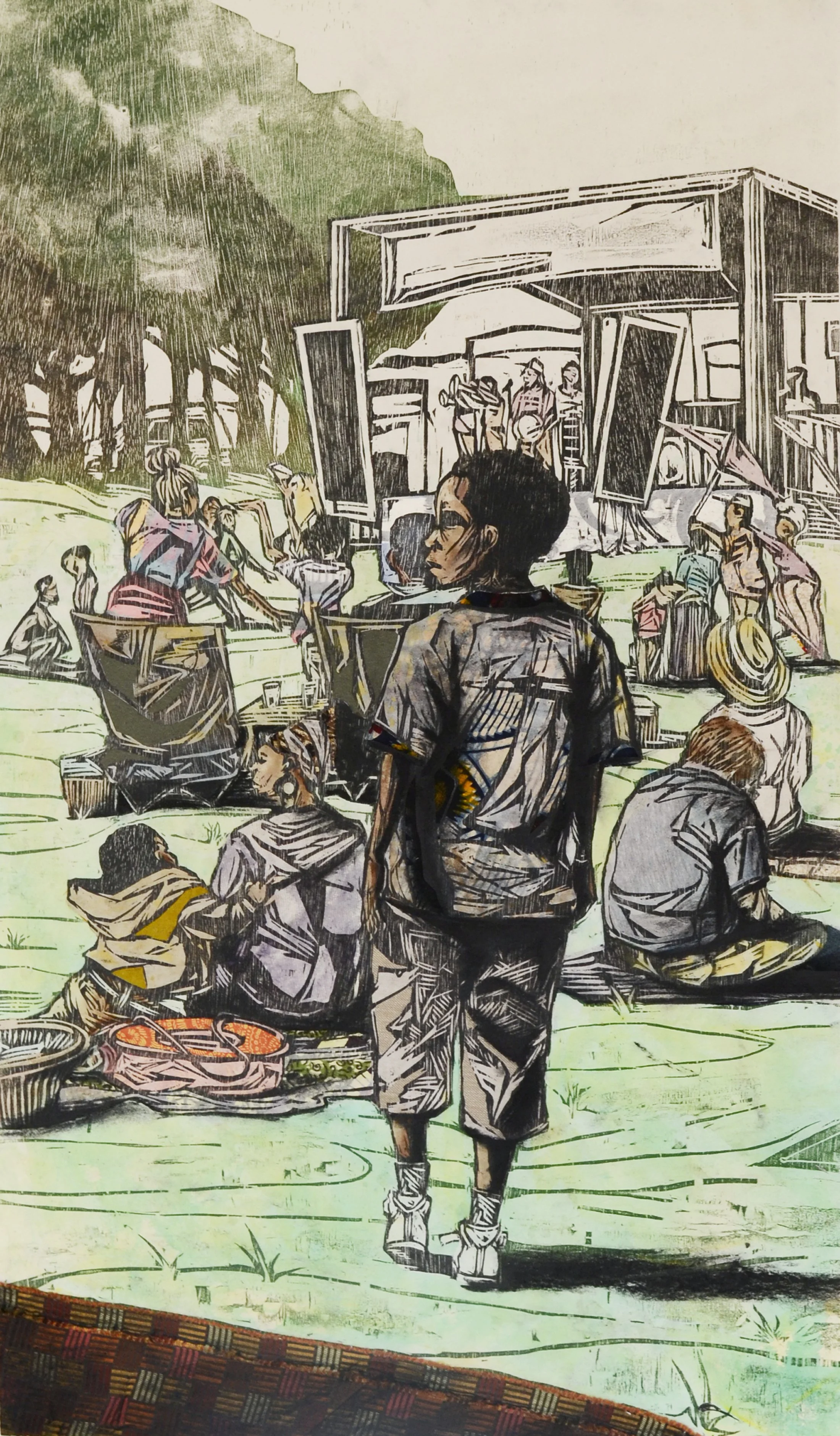 Street Festival
Woodcut, acrylic, charcoal, textiles, printed on sekishu paper
22" x 37"