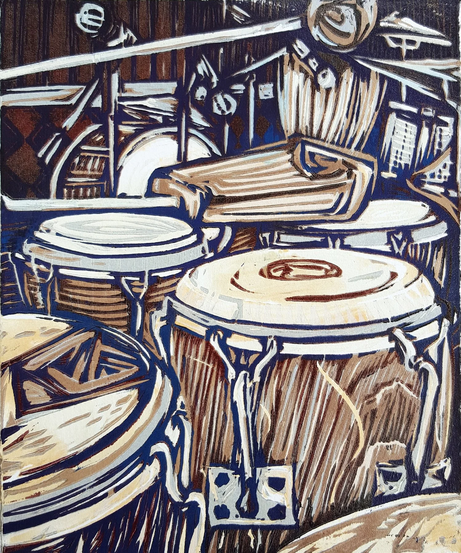 Beats
Reduction Woodcut 
6" x 8"