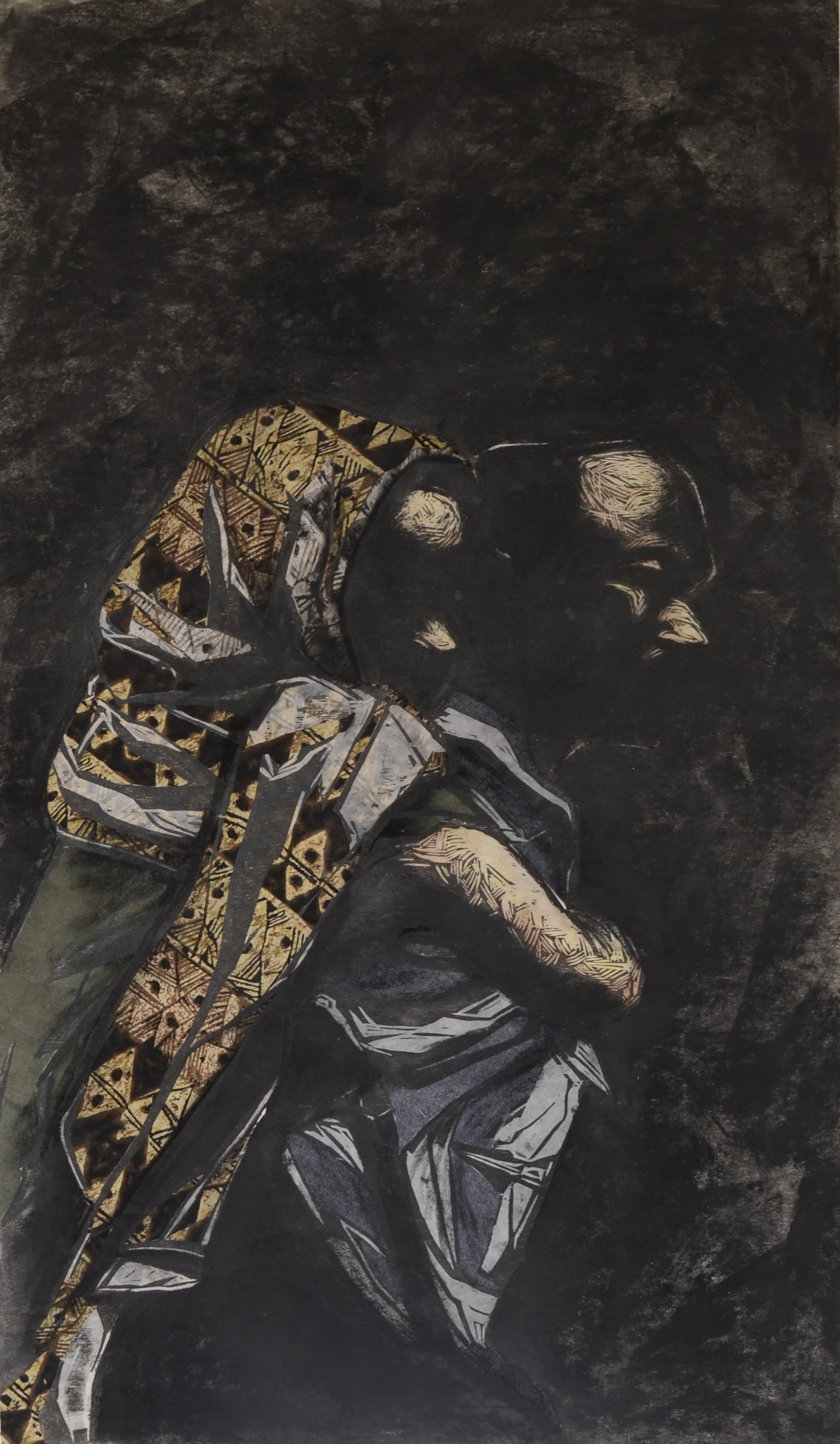 Midnight Stroll
Woodcut, acrylic, charcoal, textiles, printed on sekishu paper
22" x 37"