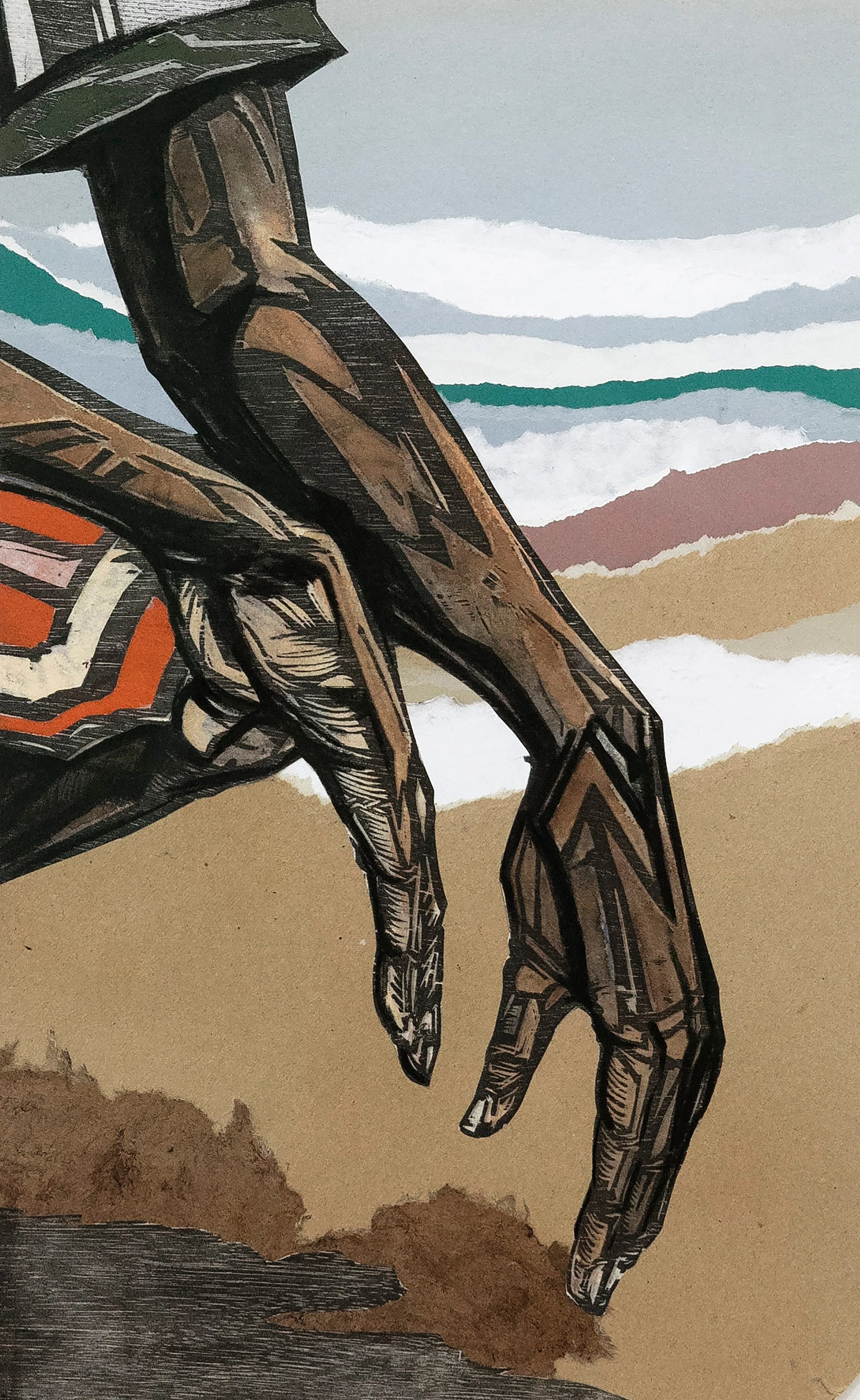 Tranquil Flow
Woodcut, acrylic, charcoal, textiles, printed on sekishu paper
16.5" x 24"