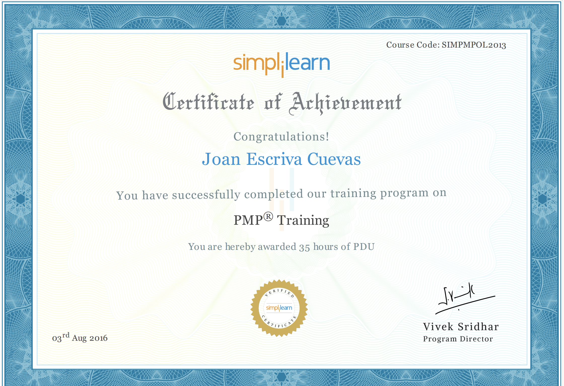 PMP Training Certificate