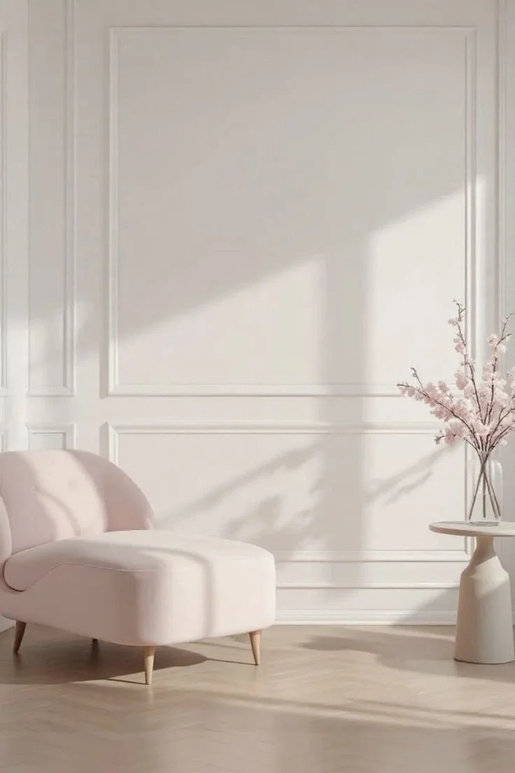 A minimalist living room with white walls, a light pink sofa, and a small round side table with a vase of pink cherry blossoms, illuminated by natural light.