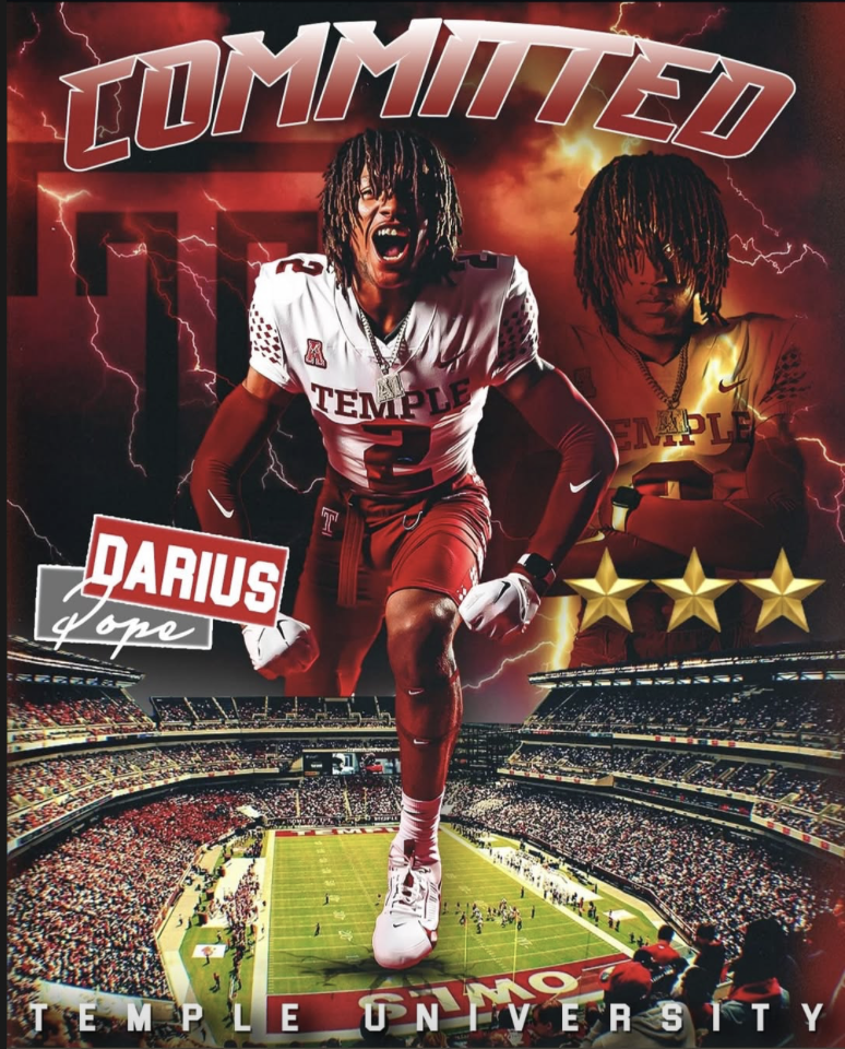 An athletic football player in a Temple University jersey is running fiercely on a football field, with a stormy sky and lightning in the background, and the word 'Dominated' at the top. The image features a mix of real and graphic effects, with a gr