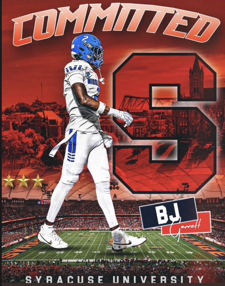 Digital graphic of a football player in white and blue uniform walking on a stadium field, with large red background, the word "COMMITTED" at the top, a large number 9 behind the player, and "BJ Garrett" text near the bottom. Syracuse University logo