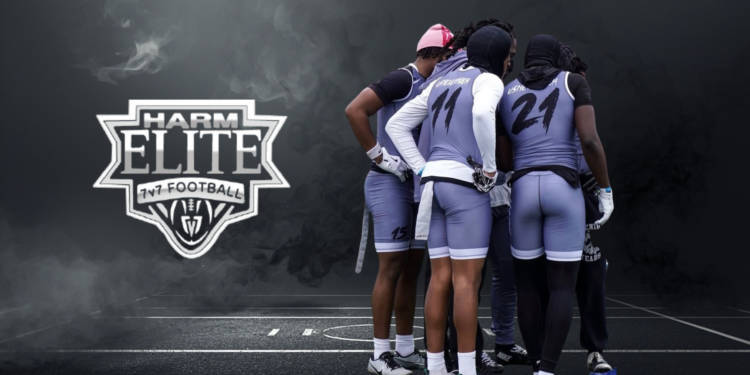 Group of football players huddled together on the field with a dark background and the logo 'HARM ELITE 7V7 FOOTBALL' to the left.