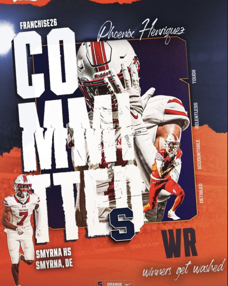 Football poster featuring Phoenix Hernandez, a player from SMYRNA HS in Smyrna, DE, in a white team uniform with red accents, holding a football, along with smaller images of a player named Smyrna HS and a person in a sports jersey. The poster includ