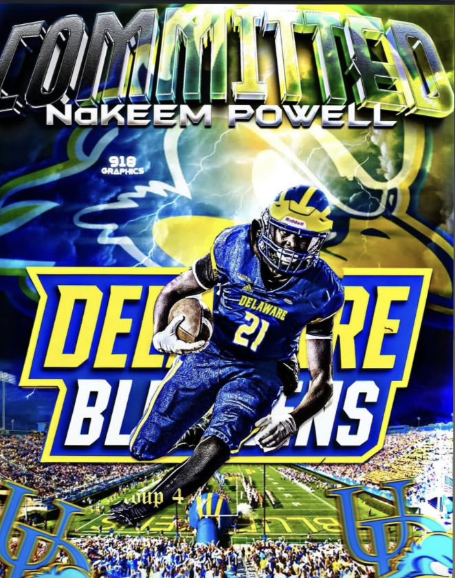 Cover poster for the documentary 'Committed' by Nakeem Powell featuring a football player in a blue Delaware Blue Hens uniform holding a football, with a stadium crowd. The poster has a lightning and storm motif with vibrant colors, and includes the 
