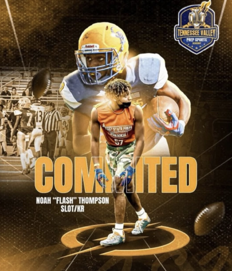 A football player wearing a helmet and uniform holding a football stands behind a young boy in camouflage shorts, orange jersey, and gloves, with a football field and other players in the background. The text 'COMMITTED' and the player's name 'Noah '