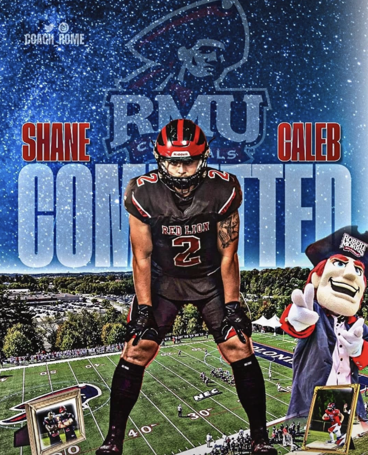 A collage featuring a football player in a red and black uniform from Red Lion with the number 2, standing on a football field under a night sky with stars. Behind him, the text reads 'COACH ROME' and 'SHANE CALER COMMITTED' with a large 'RMU' logo a