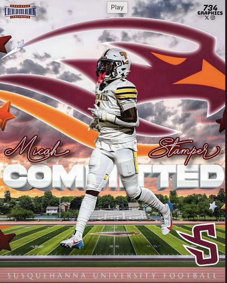 An illustration of a football player in a white uniform with black and yellow accents, running on a football field. The background features a cloudy sky with a large red and orange swoosh and star designs. The text includes the name 'Micah Stamper,' 