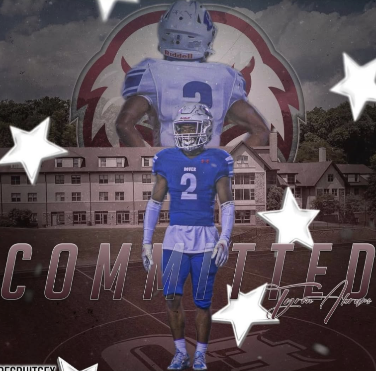 A collage of a football player in a blue and white uniform with the number 2, standing on a football field, with a larger faded image of the same player in the background, and a large logo of a red and white animal face behind them. Text reading 'COM