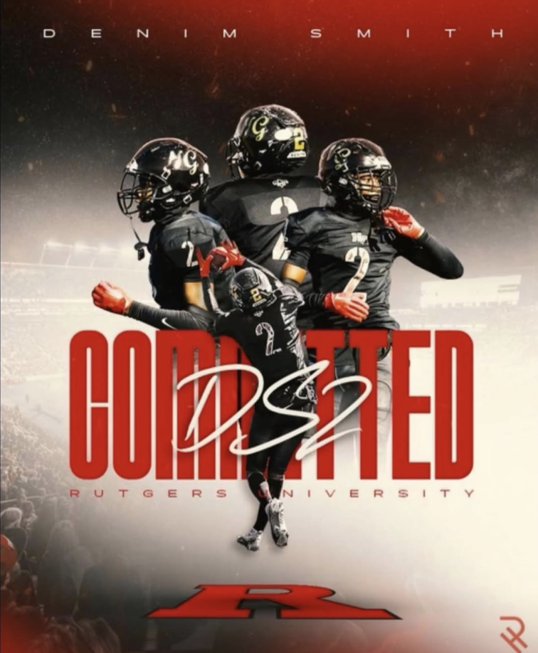 Promotional poster for a sports event featuring football players from Rutgers University, with bold red text reading 'COMMITTED' and a large letter 'R' at the bottom.