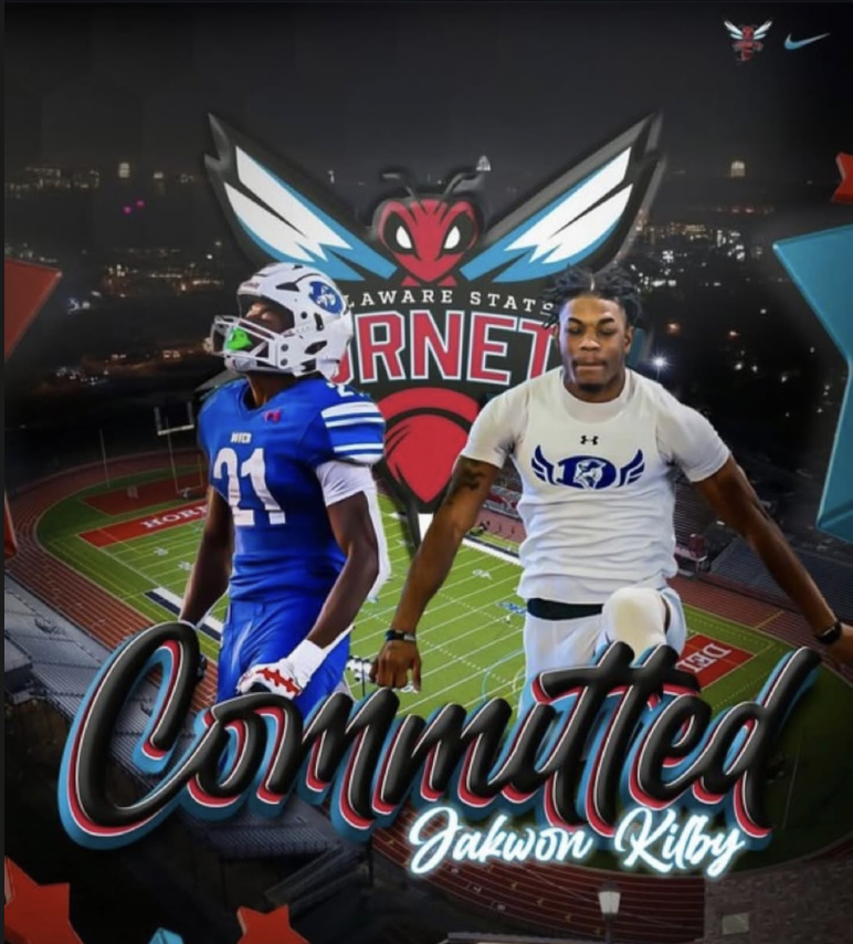 Graphic featuring two football players in uniform, one in a blue jersey and the other in a white jersey, with a stadium and city lights in the background. The graphic includes a large bee logo with wings and the text 'Aware State RNET' and 'Committed