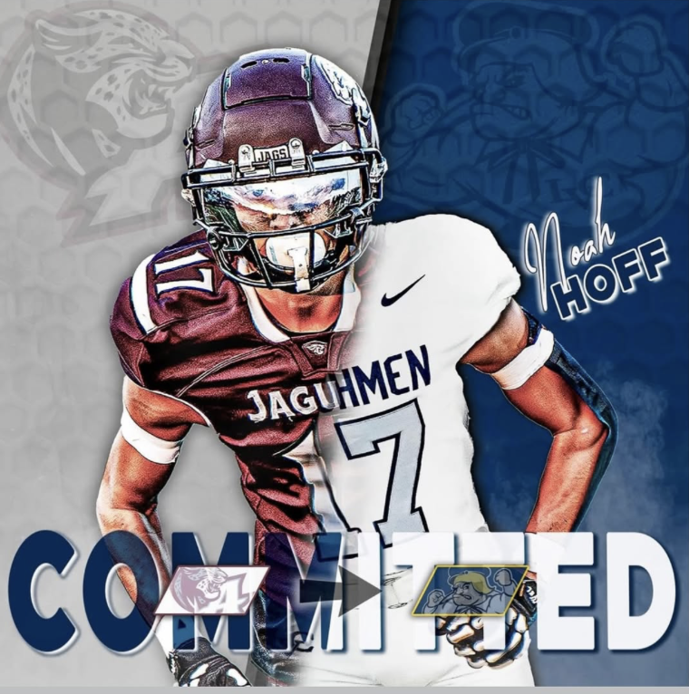 Digital artwork of Noah Hoff in a football uniform, featuring a helmet and jersey with the number 7 and the team name Jaguhmen, with the word "COMMITTED" and a background pattern of a tiger head and team logo.