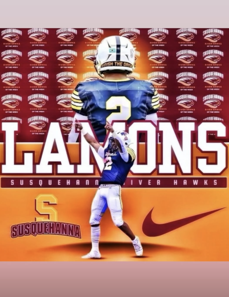 Celebrating football player in blue and white uniform with the number 2, in front of large text that reads "LAMONS" and 'Susquehanna River Hawks,' with a football helmet, logo, and Nike swoosh on an orange background.
