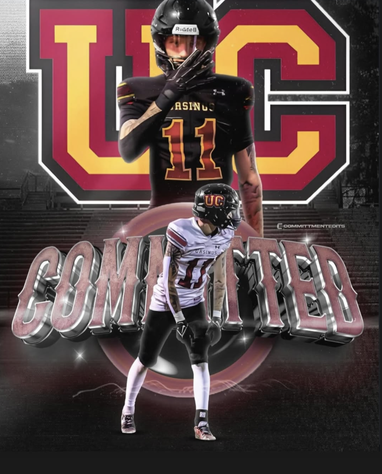 Two football players in black and white uniforms with helmets, standing in front of a large background with the words "Committed" and a large logo with the letters U and C. The top player is saluting and the bottom player is standing in a ready stanc