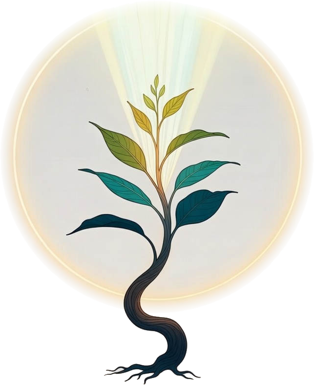 Illustration of a tree with a dark, twisting trunk and multicolored leaves, surrounded by a glowing halo of light.