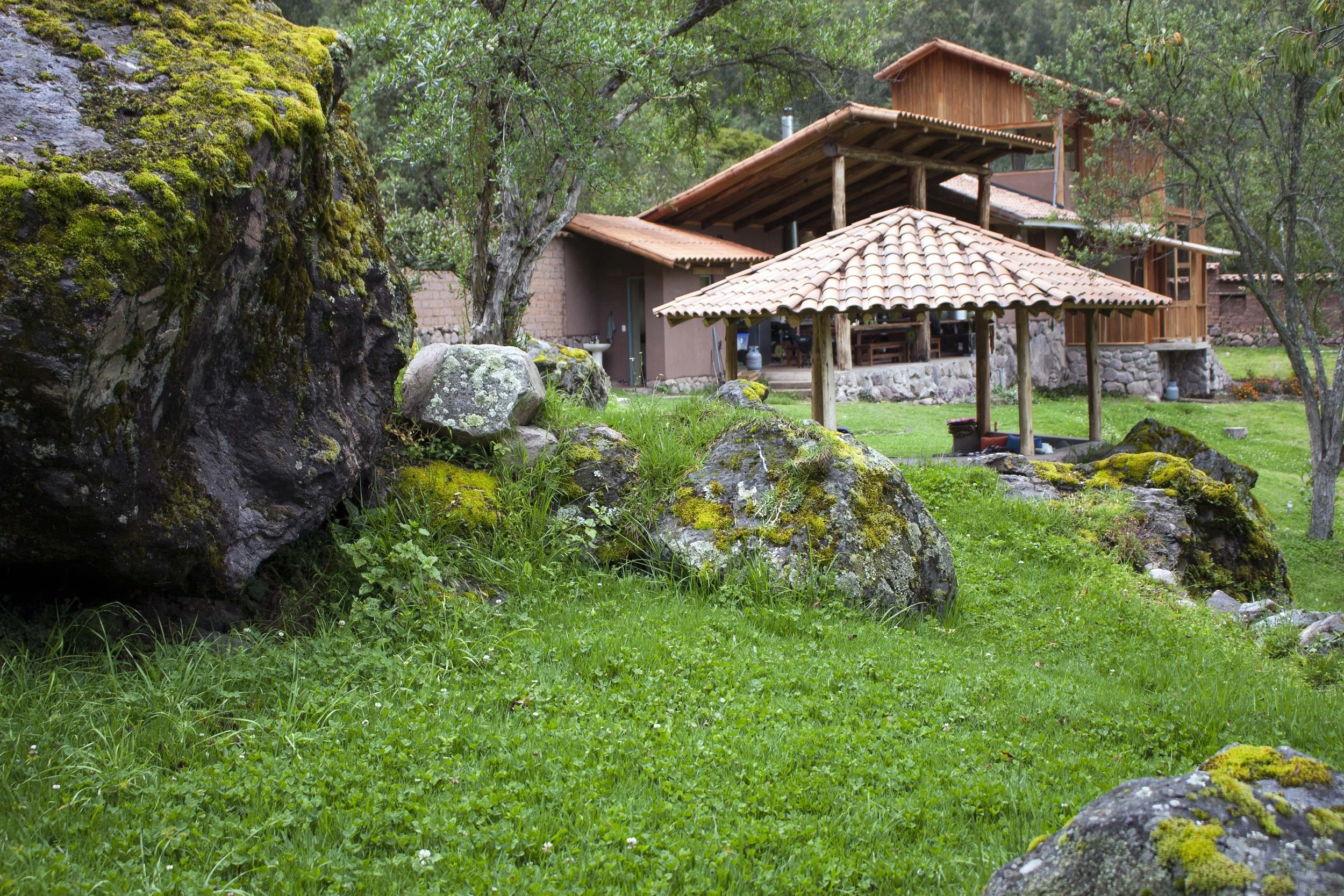 Rocks covered in moss in a grassy yard with trees and a wooden house with a tiled roof in the background.