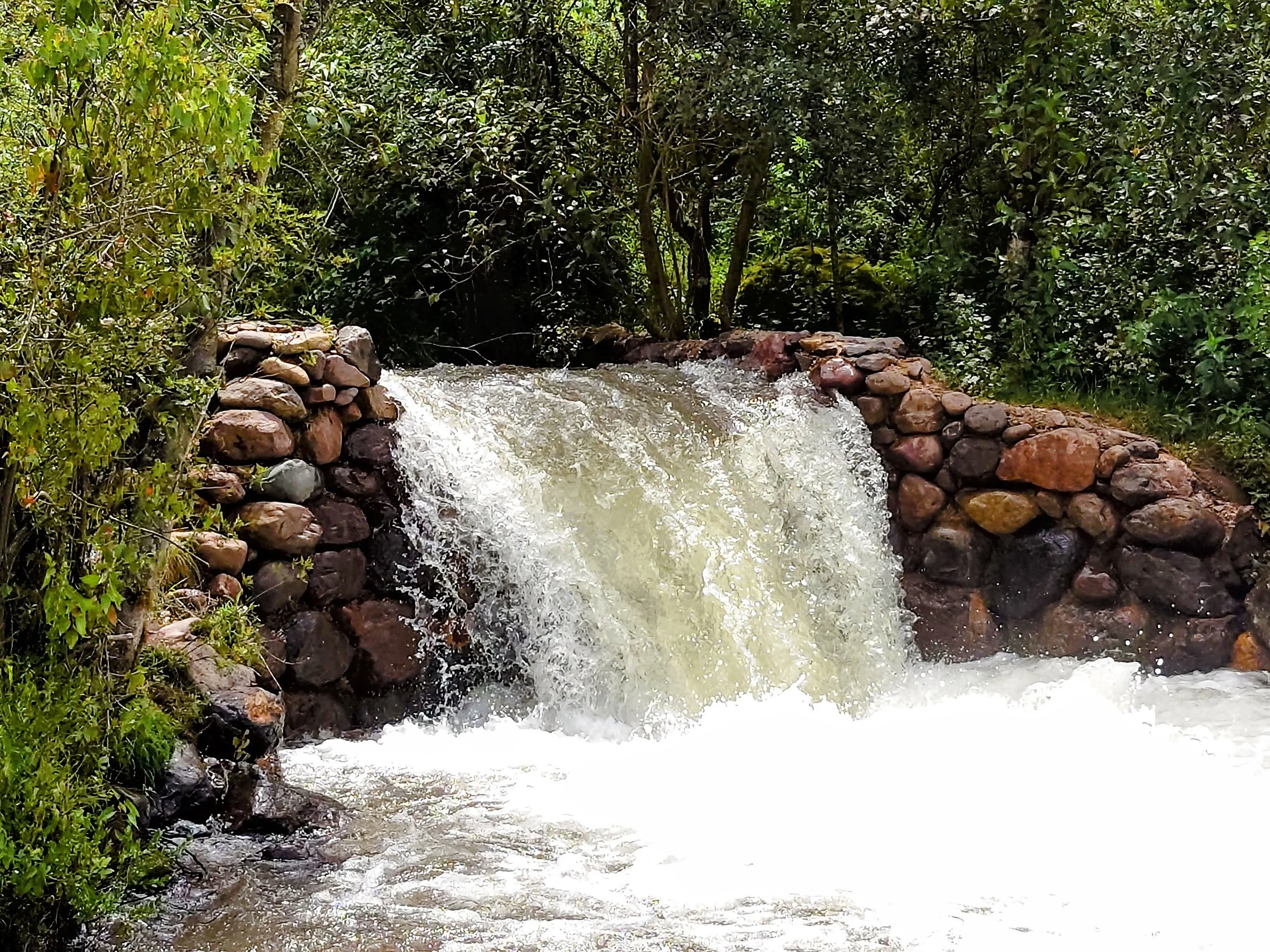 Waterfall flowing over rocks surrounded by dense green foliage and trees.