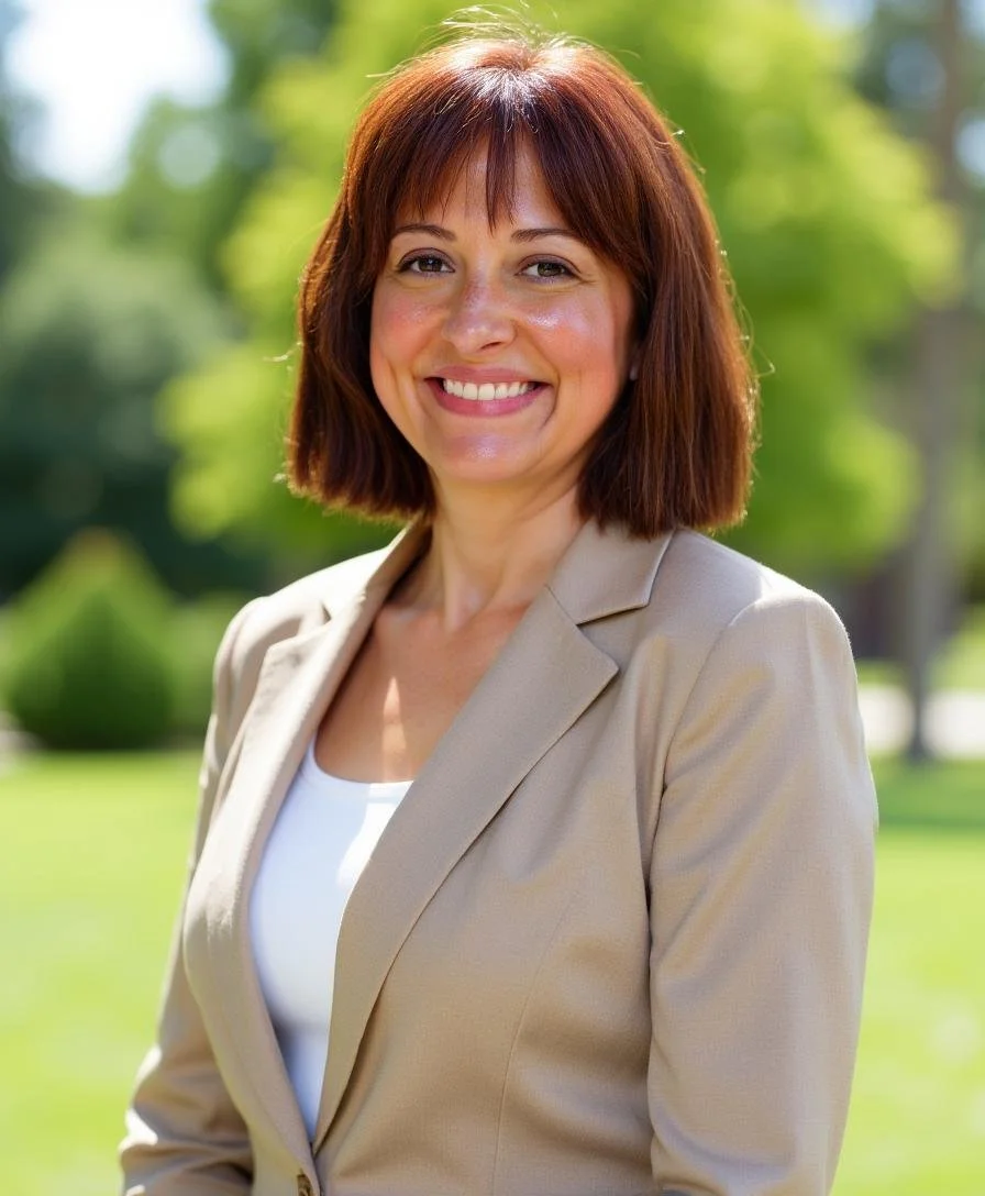 A woman with shoulder-length brown hair, smiling, standing outdoors on a sunny day with green trees and grass in the background, wearing a beige blazer over a white top.