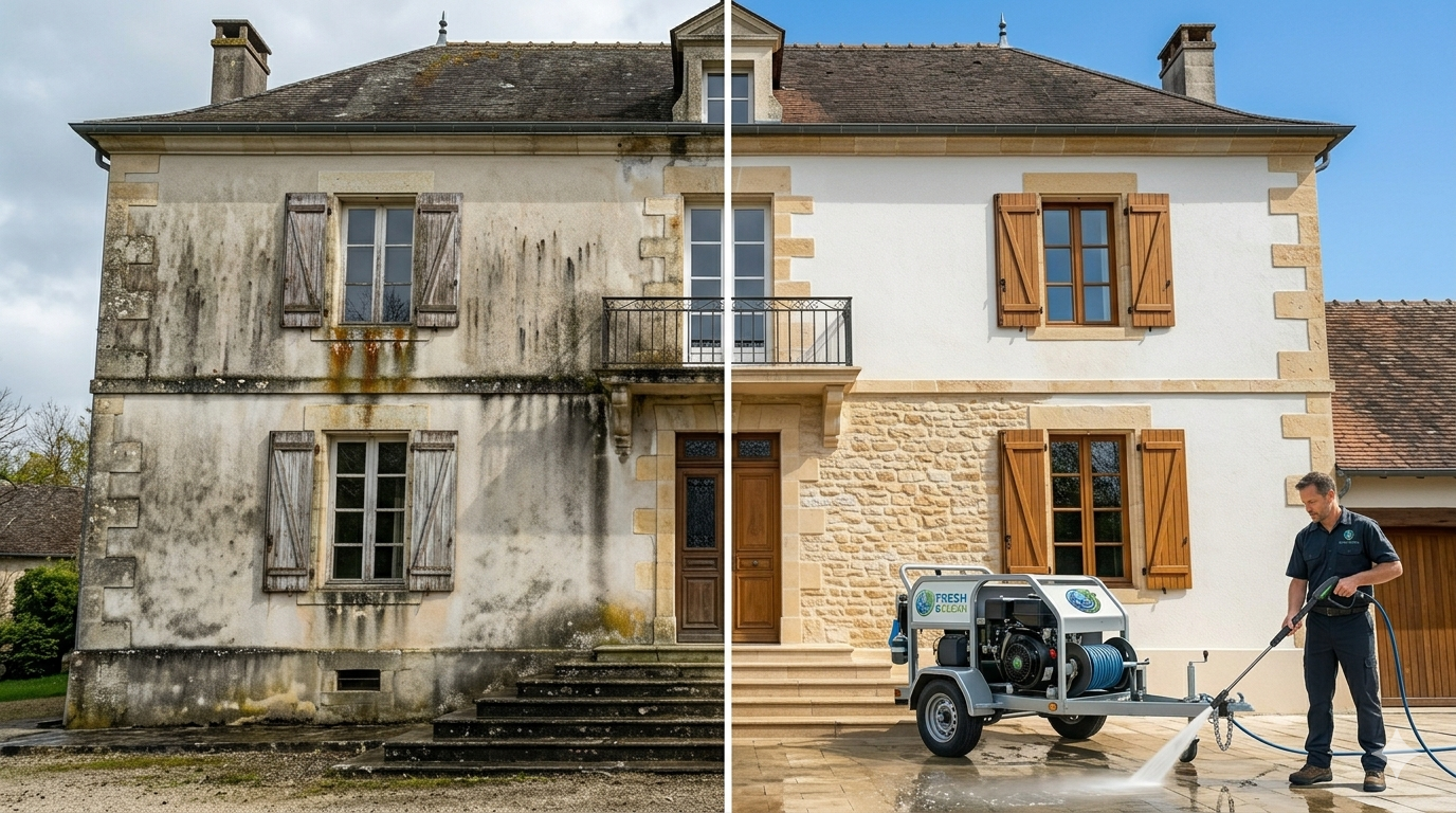 Une maison avant et après nettoyage : gauche sale, droite propre, avec un homme utilisant un nettoyeur haute pression.