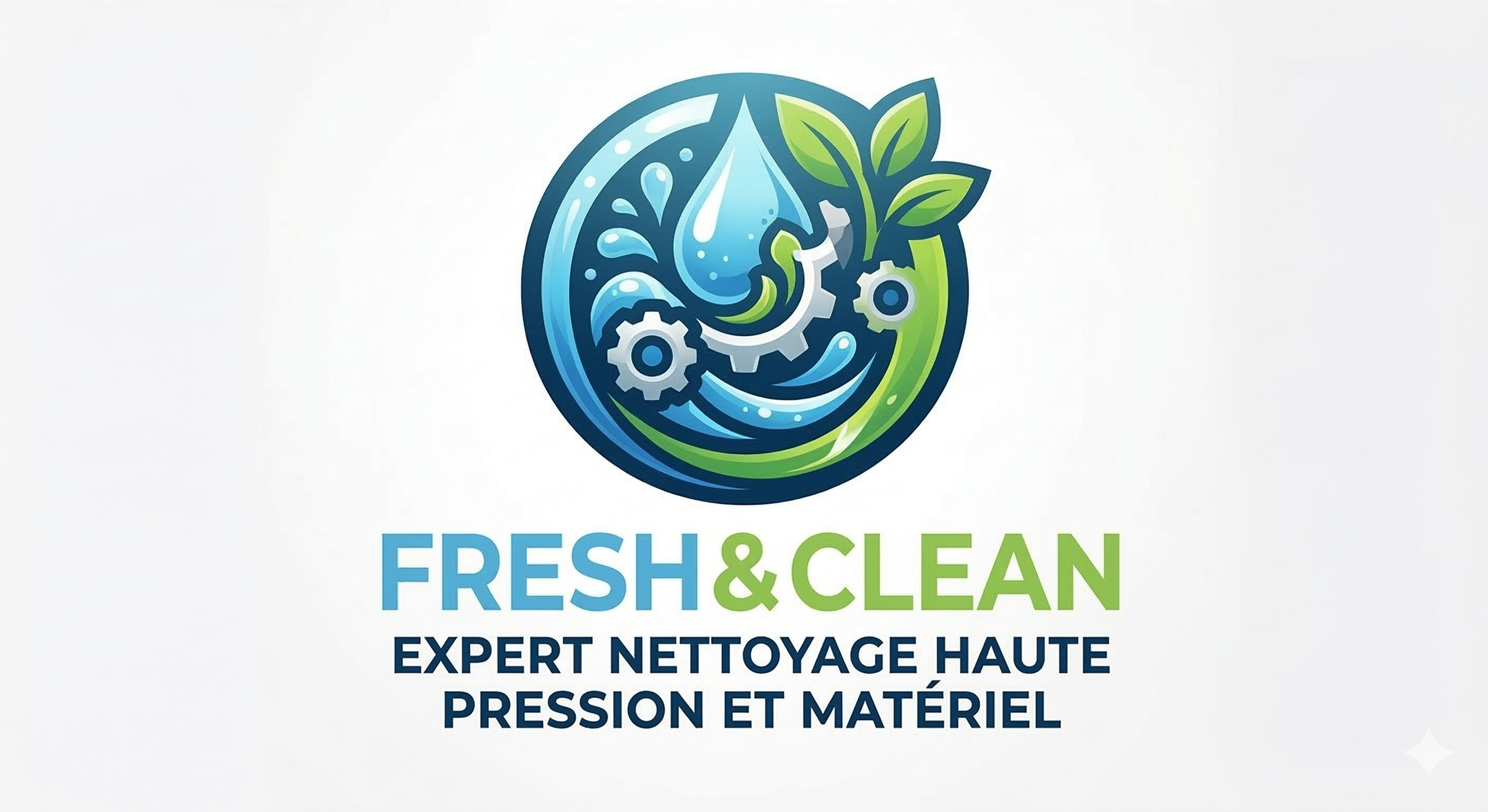 Logo avec une goutte d'eau, des feuilles vertes, et des engrenages, accompagnant le texte "FRESH & CLEAN" et "EXPERT NETTOYAGE HAUTE PRESSION ET MATÉRIEL".