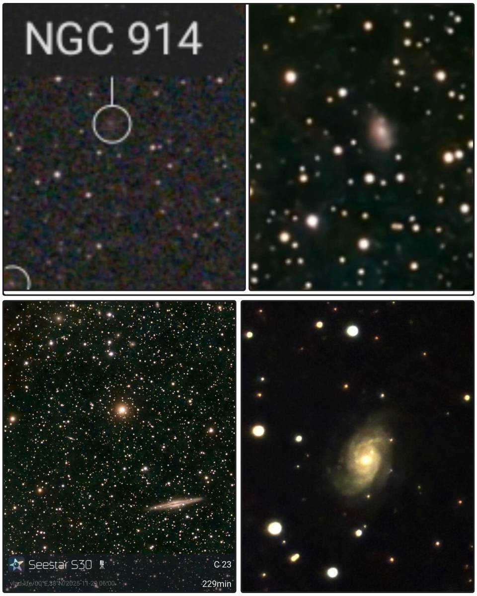 Compilation of four astronomical images showing different star fields and galaxies, with an annotation 'NGC 914' on the top left image.