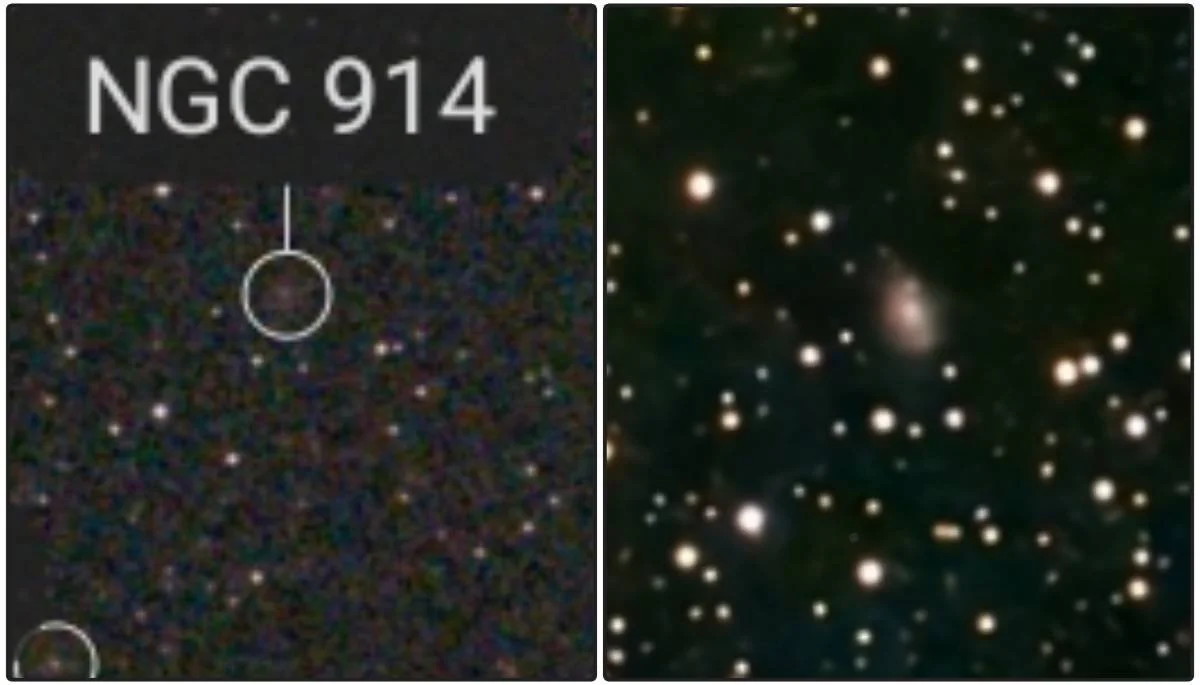 Comparison of the galaxy NGC 914, with the left side showing a telescope image labeled NGC 914, and the right side showing a more detailed star cluster or galaxy in space.