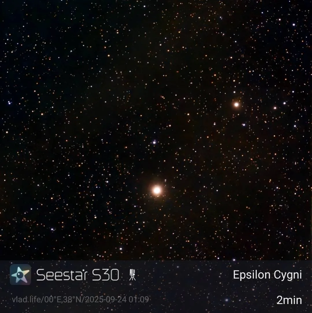 Image of a star-filled night sky with various bright stars and distant celestial objects, labeled with telescope and observation details.