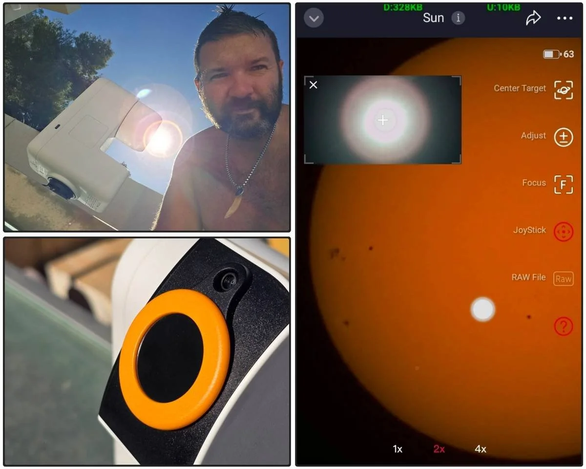 Composite image of three photos: top-left shows a man taking a selfie outdoors with a camera, sun, and trees in the background; bottom-left displays a close-up of a speaker with an orange ring; right side shows a smartphone screen with a camera app t