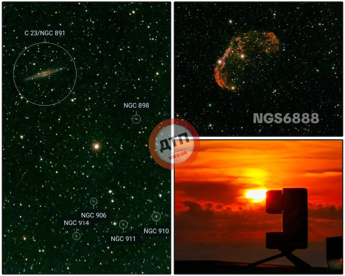 A composite image with three sections: the left section shows a star chart of several galaxies labeled NGC 891, NGC 898, NGC 906, NGC 911, NGC 910, and NGC 914; the top right section displays a photo of a nebula with a complex structure; the bottom r