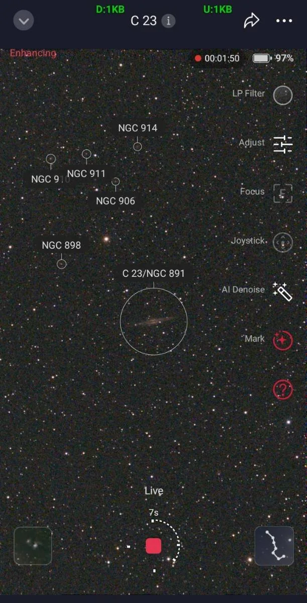 A star map of the galaxy NGC 914 and surrounding nebulae, including NGC 911, NGC 906, NGC 898, and NGC 891, with various astronomical annotation and controls on a mobile device screen.
