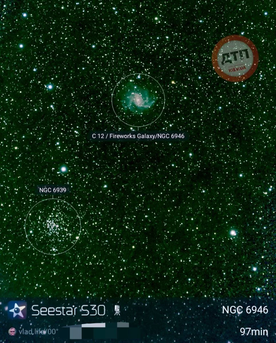A star-filled sky with labeled celestial objects including the Fireworks Galaxy (NGC 6946) and NGC 6939, captured using a Seestar S30 telescope.