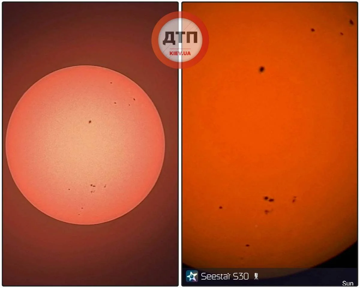 Comparison of the sun seen through two different telescopes or filters, with the left showing a clearer, smoother surface and the right showing sunspots.