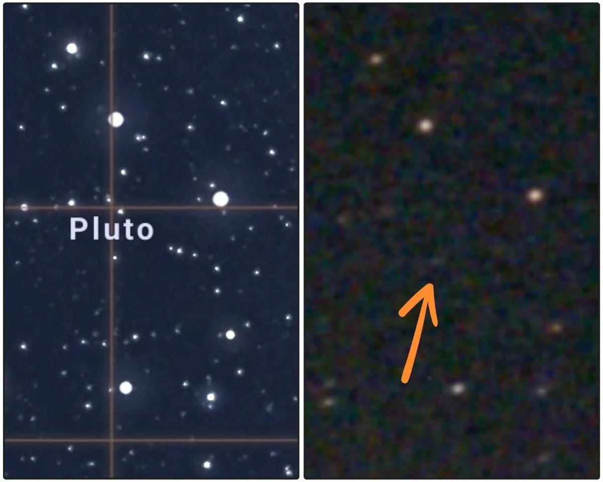 Comparison of two images of outer space showing stars, with the left image labeled 'Pluto' and the right image featuring an orange arrow pointing to a specific spot with a faint object.
