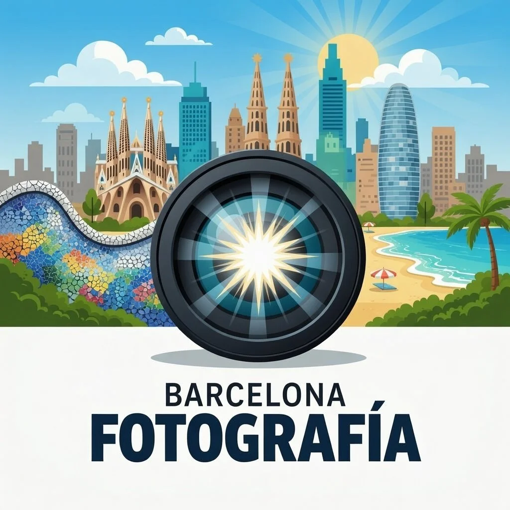 Illustration of Barcelona skyline with famous landmarks, a beach with umbrellas, and a camera lens with a bright flash, alongside the text 'Barcelona Fotografía'.