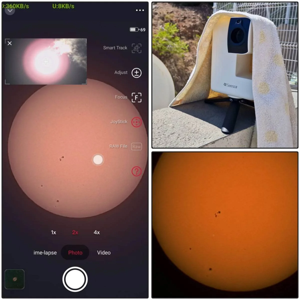 A collage of three images: the first shows a smartphone camera app focused on the sun with sunspots visible; the second shows a Seesat satellite tracker mounted outdoors with a towel draped over it; the third shows a close-up photograph of the sun wi