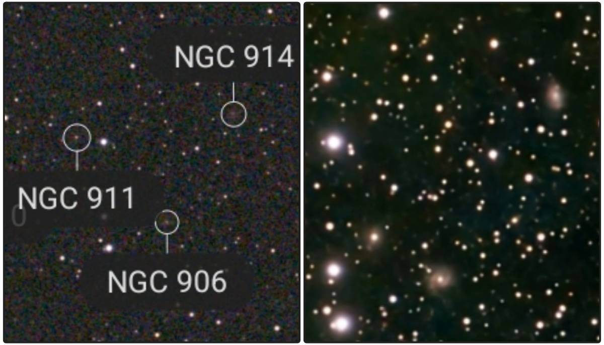 Left side shows a labeled image of three galaxies, NGC 911, NGC 914, and NGC 906, against a starry background. Right side shows a dense field of numerous galaxies and stars in space.