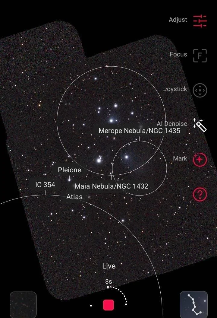 Star map showing the Merope Nebula (NGC 1435), Maia Nebula (NGC 1432), Pleiades star cluster, and other celestial objects with labels and circles indicating their positions.