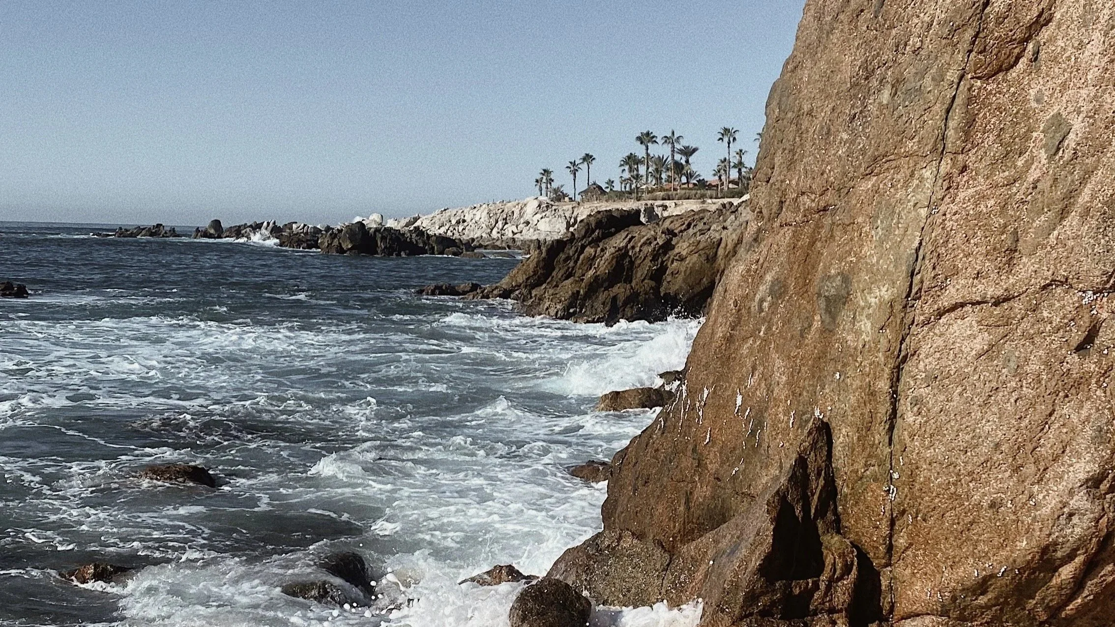 A coastal scene with large brown rocks in the foreground, ocean waves crashing against them, and a rocky shoreline with palm trees and white rocks in the background under a clear sky.