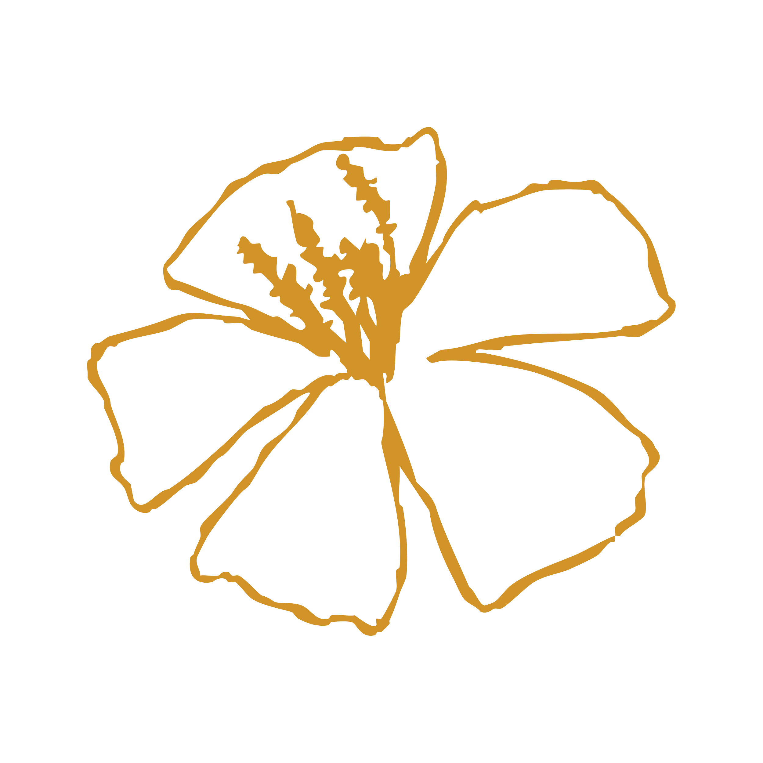 Outline drawing of a flower with six petals in gold color on black background