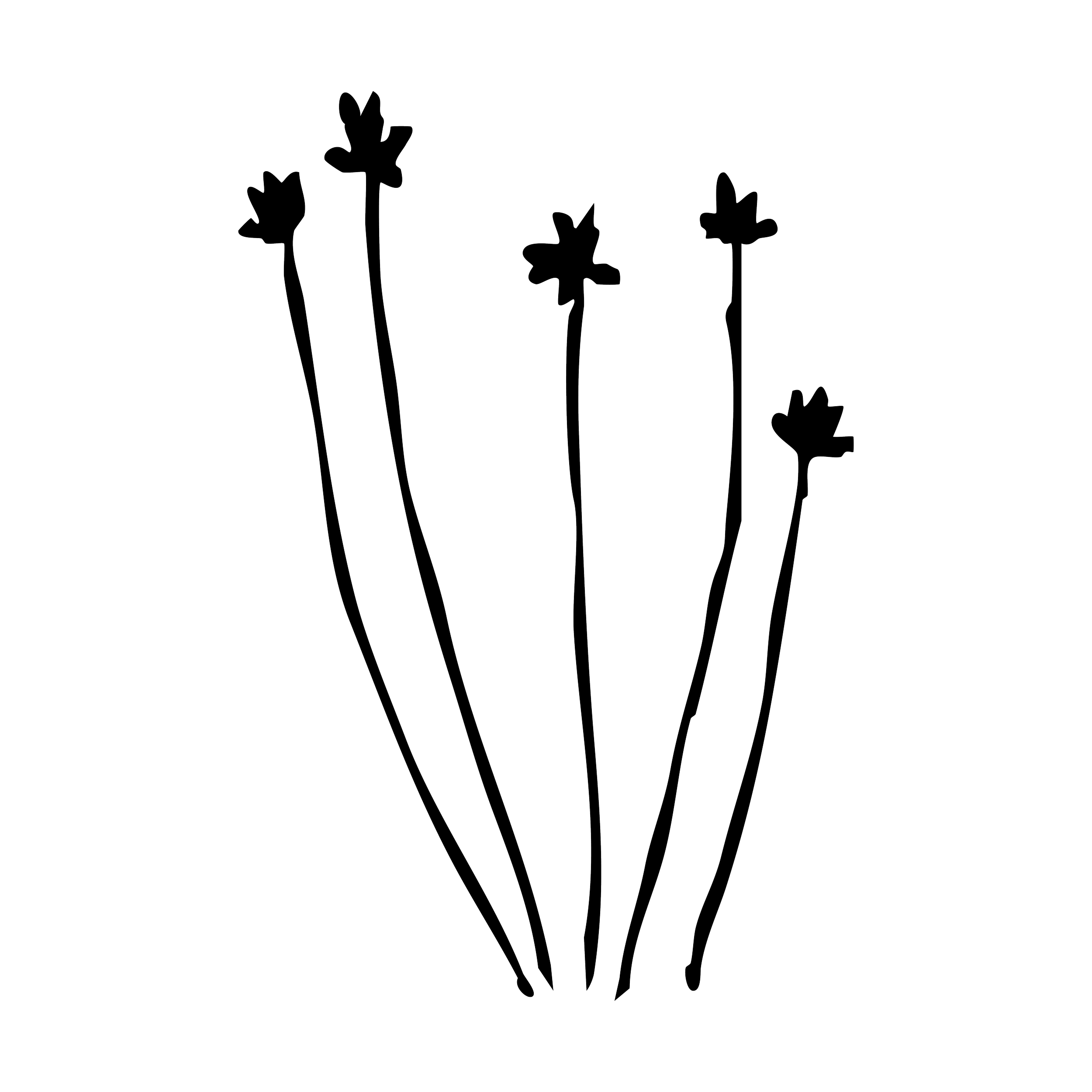 Outline drawing of a bouquet of five flowers with long stems and 3-lobed petals, set against a black background.