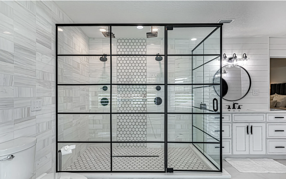 Black and White Double Shower Bathroom Renovation Design.webp