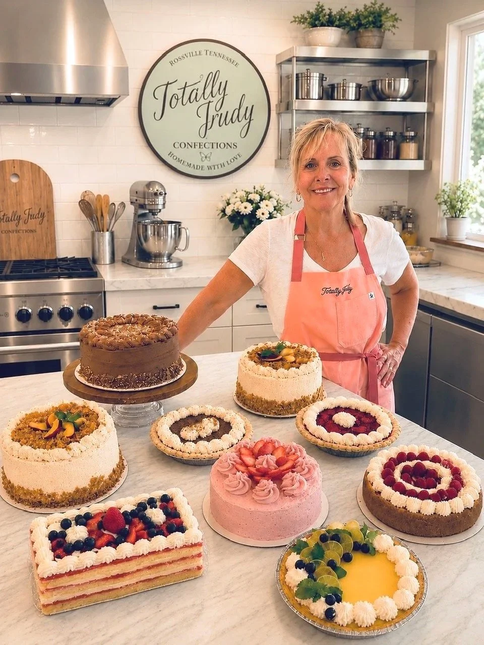 A woman wearing a pink apron stands in a kitchen with a variety of decorated cakes on the counter, including chocolate, fruit-topped, and layered desserts, with a sign that reads "Totally Judy Confections" in the background.