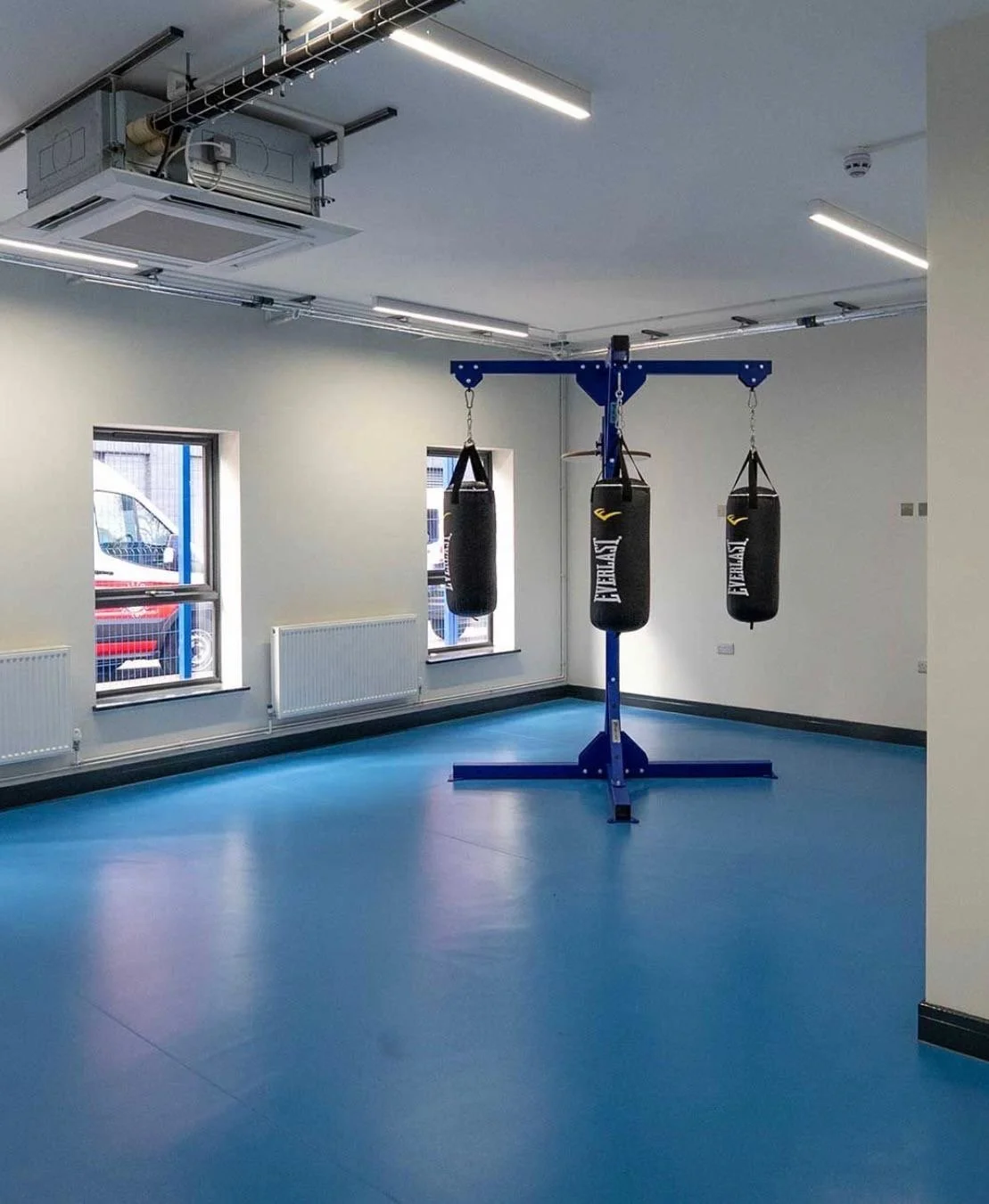 Empty boxing gym with blue floor, boxing bags hanging from a blue frame, windows on the wall, and bright overhead lighting.