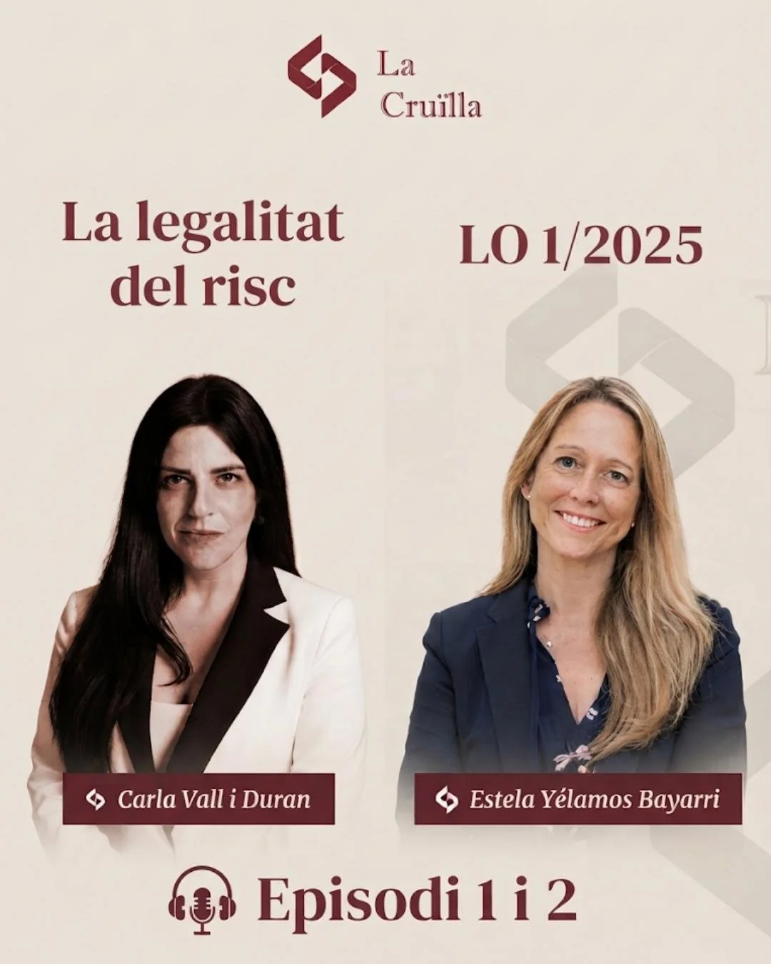 Portada de un podcast titulado 'La legalitat del risc', presentado por Carla Vall i Duran y Estela Yélamos Bayarri. Incluye fotografías de ambas mujeres y el logo de la serie, con episodios 1 y 2.