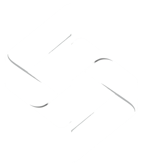 Logo de una empresa o producto en forma de cuadrado incompleto, en color blanco y gris sobre fondo negro.