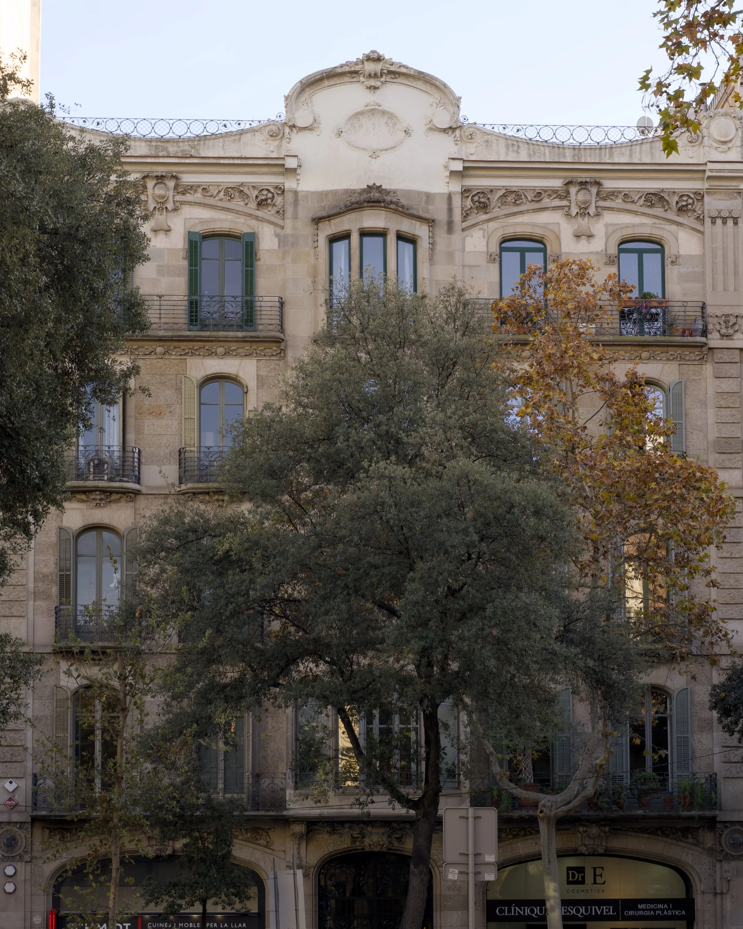 Edificio antiguo con detalles ornamentales en la fachada, árboles con hojas en tonos marrón y verde, y escaparates de tiendas en la planta baja.